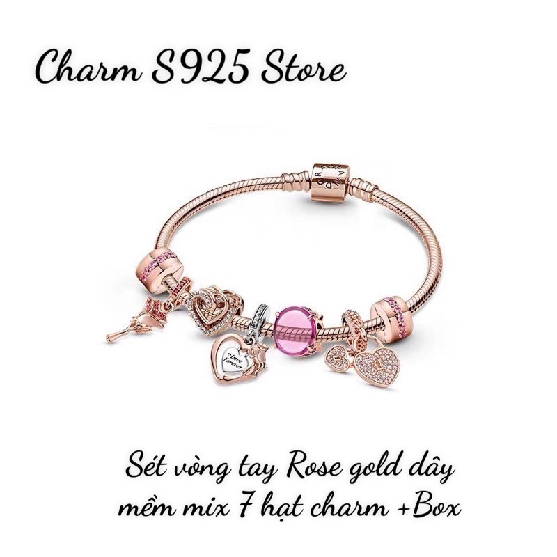combo bộ vòng tay pan Ale mix 7 hạt charm hoa hồng bạc s925 cao cấp