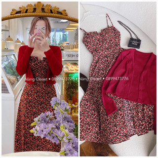 SET Đầm 2 dây hoa nhí mix Áo khoác dệt kim đỏ NÀNG CLOSET