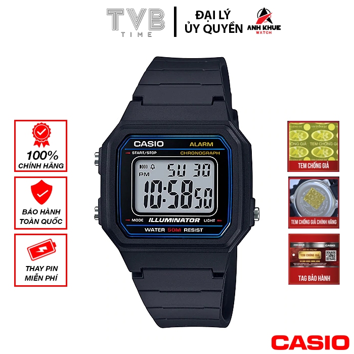 Đồng hồ nam dây nhựa Casio chính hãng Anh Khuê W-217H-1AVDF (41mm)