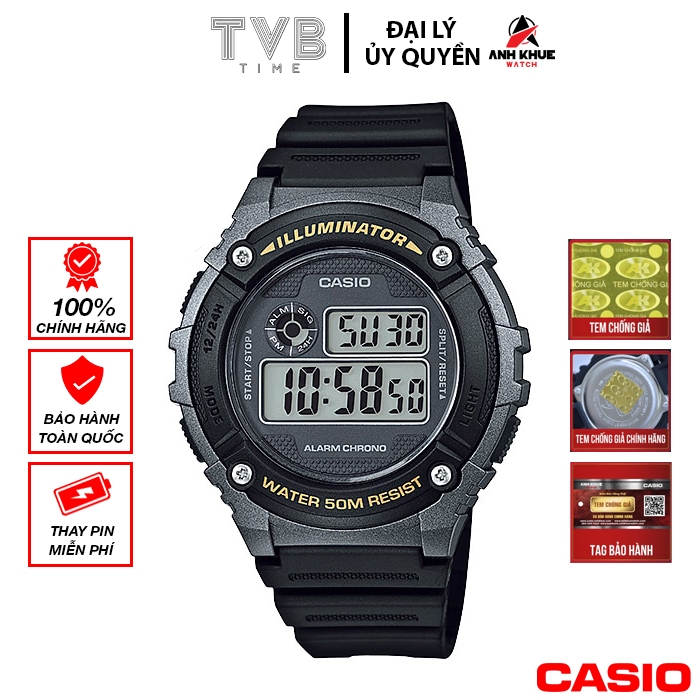 Đồng hồ nam dây nhựa Casio chính hãng Anh Khuê W-216H-1BVDF (43mm)
