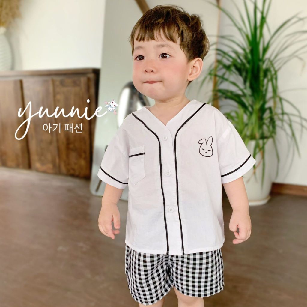 Bộ sơmi hình thỏ cho bé trai Yuunie chất liệu thô hàn mềm mịn phối túi kết hợp bo viền hình thỏ xinh xắn BT005