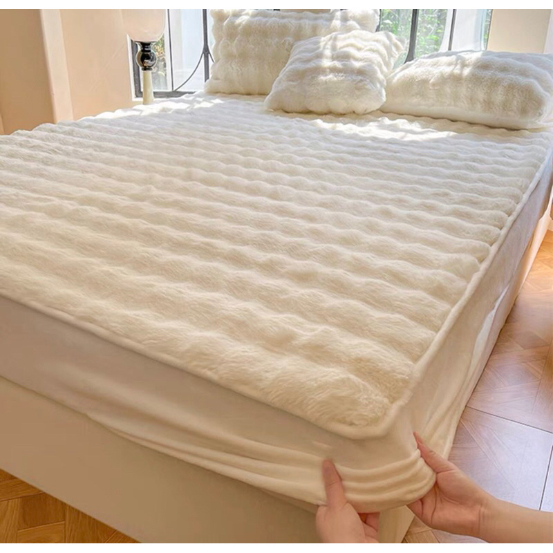 Ga gối nỉ lông chồn Luxury bo chun vân sóng