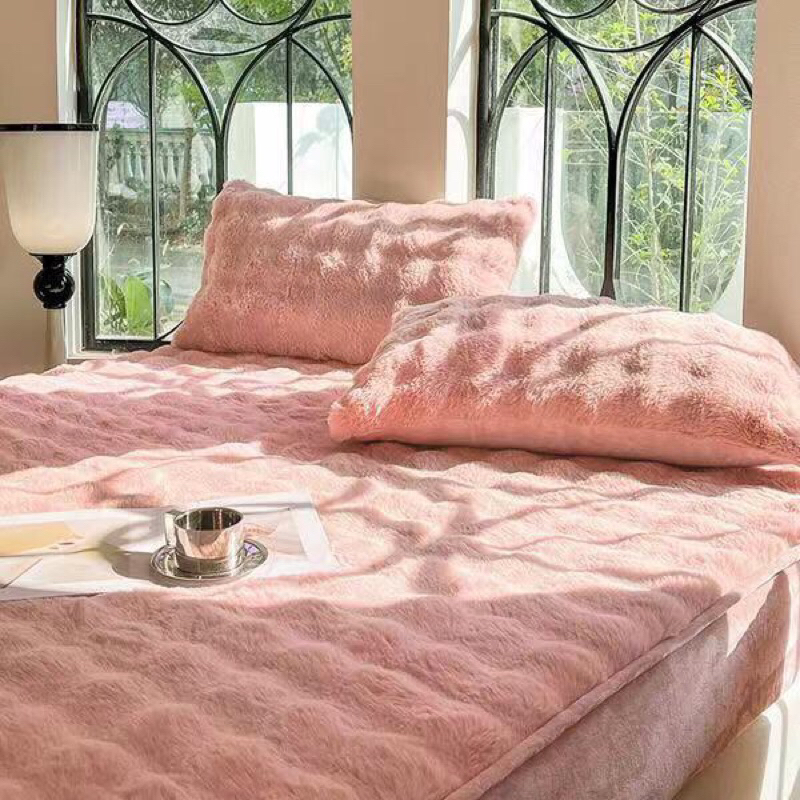 Ga gối nỉ lông chồn Luxury bo chun vân sóng