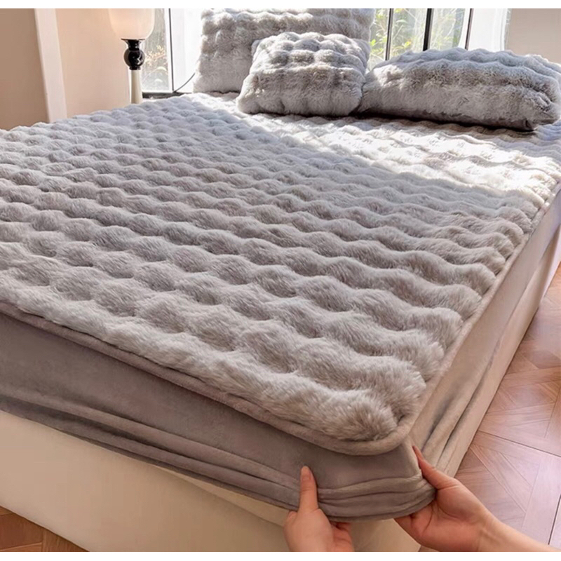 Ga gối nỉ lông chồn Luxury bo chun vân sóng