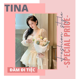Đầm đi tiệc ren Quảng Châu, cúp ngực cổ vuông tay dài tay phồng vải ren sang chảnh, Váy xoè ngắn 2 tầng trên gối sexy