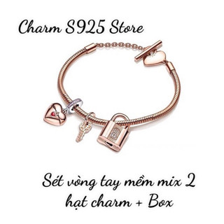 Combo bộ vòng tay pan ale vàng hồng mix 2 hạt charm bạc s925 hàng cao cấp