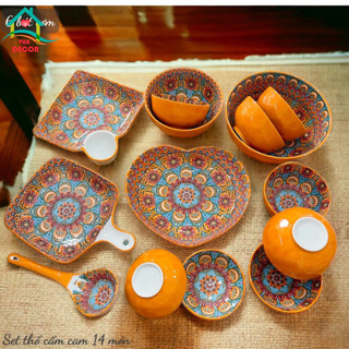 Bán lẻ Bộ bát đĩa sứ Thổ Cẩm Cam-chén bát Decor-bộ bát ăn cơm dễ thương màu cam,chén dĩa