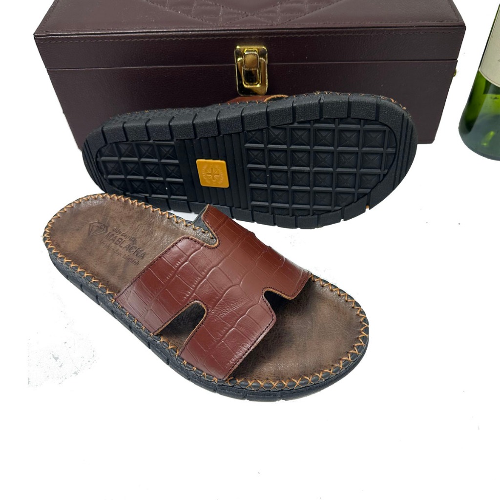 Dép da nam quai ngang chữ H da bò in vân cá sấu đế cao su đúc nguyên khối cao 2,5cm AT27.1