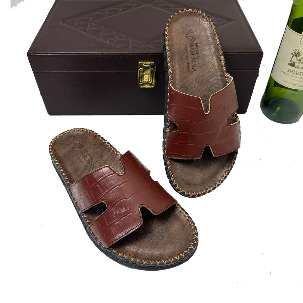 Dép da nam quai ngang chữ H da bò in vân cá sấu đế cao su đúc nguyên khối cao 2,5cm AT27.1