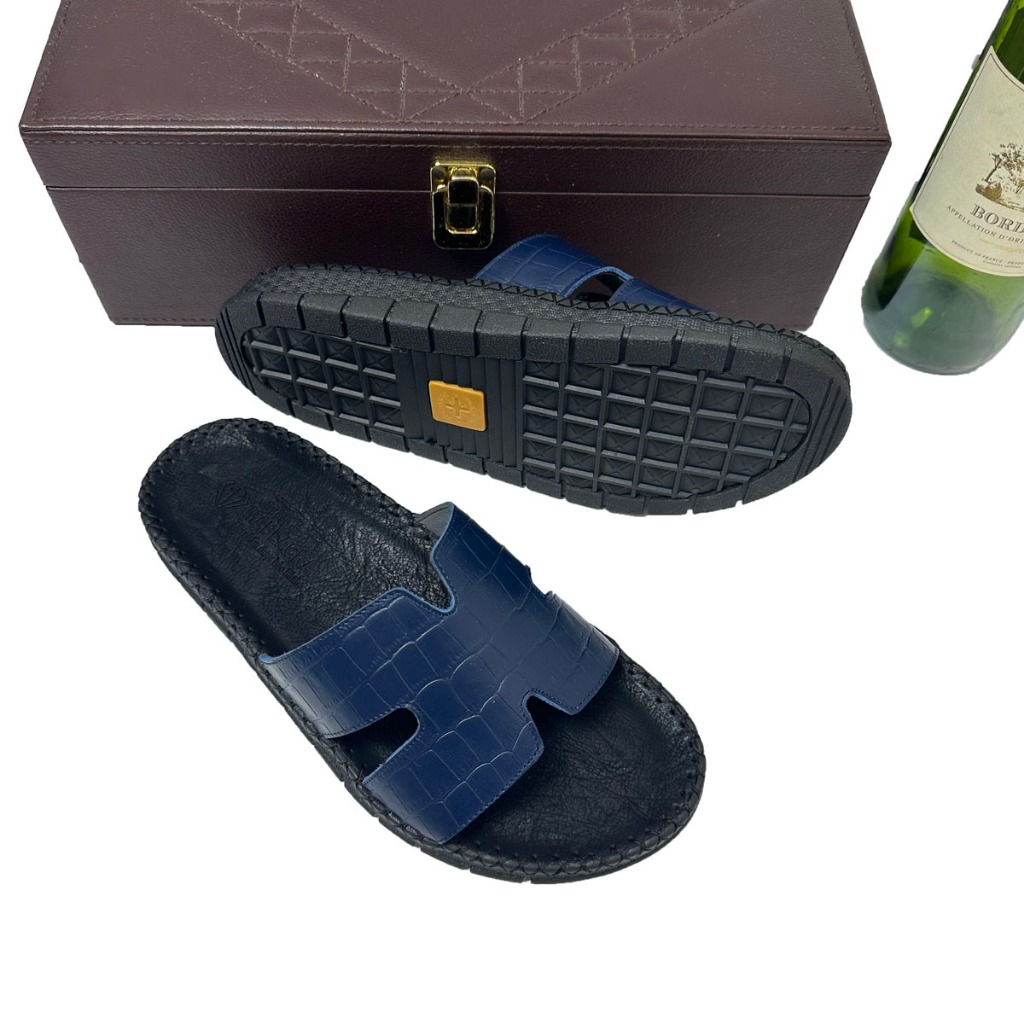 Dép da nam quai ngang chữ H da bò in vân cá sấu đế cao su đúc nguyên khối cao 2,5cm AT27.1