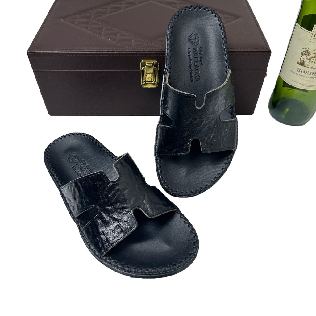 Dép da nam quai ngang chữ H da bò in vân cá sấu đế cao su đúc nguyên khối cao 2,5cm AT27.1