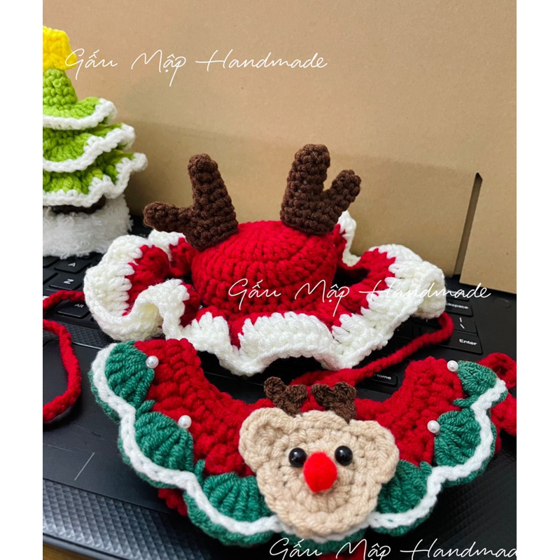 Combo mũ & vòng cổ tuần lộc noel chó mèo