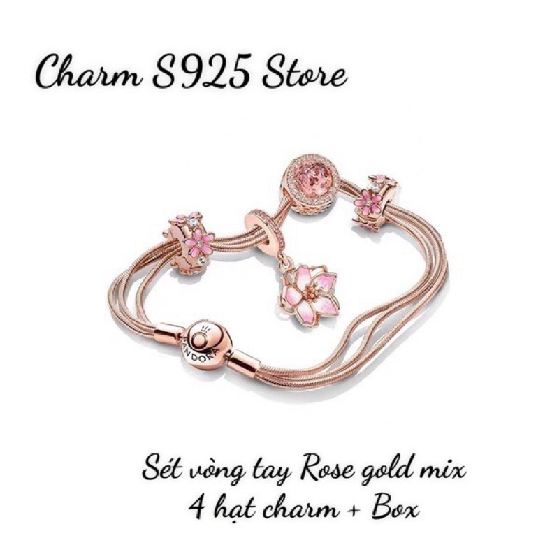 COMBO BỘ VÒNG TAY VÀNG HỒNG MIX 4 HẠT CHARM PAN ALE BẠC S925 HÀNG CAO CẤP