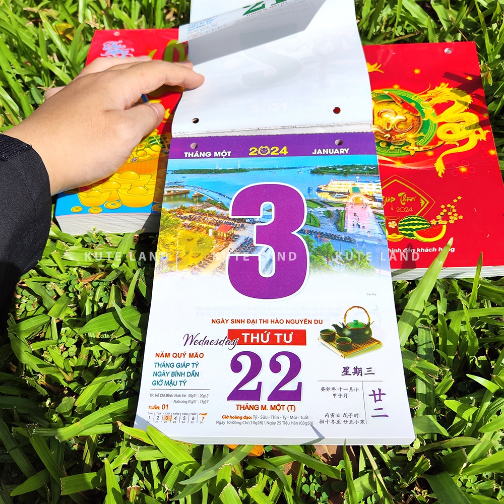 Lịch bloc Lịch xé 365 ngày 2024 Thư Pháp 15x21 cm  chữ lớn số to ngày giờ hoàng đạo gắn bìa lịch treo tường LICHBA