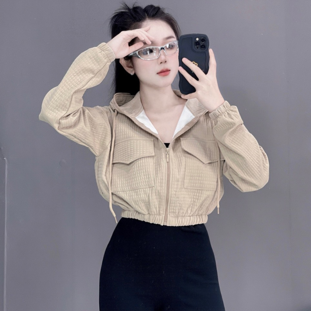 Áo khoác thun 2 da  xốp ô form croptop trẻ trung, có nón, tay eo bo chun , 4 túi tiện lợi , mặc mát, nón rộng |RTee Shop | BigBuy360 - bigbuy360.vn