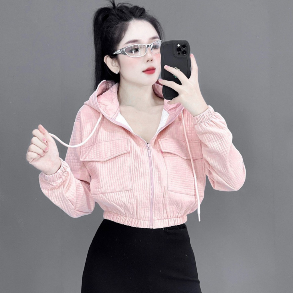 Áo khoác thun 2 da  xốp ô form croptop trẻ trung, có nón, tay eo bo chun , 4 túi tiện lợi , mặc mát, nón rộng |RTee Shop | BigBuy360 - bigbuy360.vn