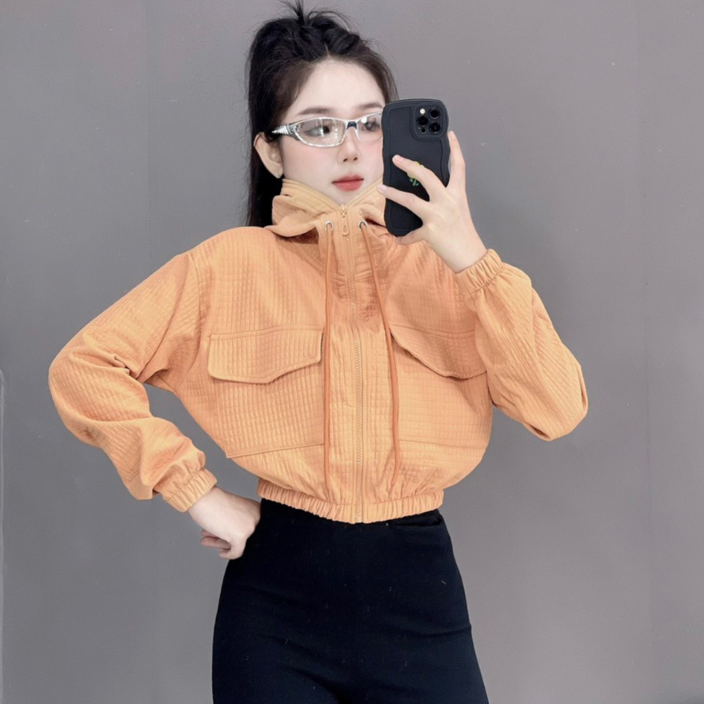 Áo khoác thun 2 da  xốp ô form croptop trẻ trung, có nón, tay eo bo chun , 4 túi tiện lợi , mặc mát, nón rộng |RTee Shop | BigBuy360 - bigbuy360.vn