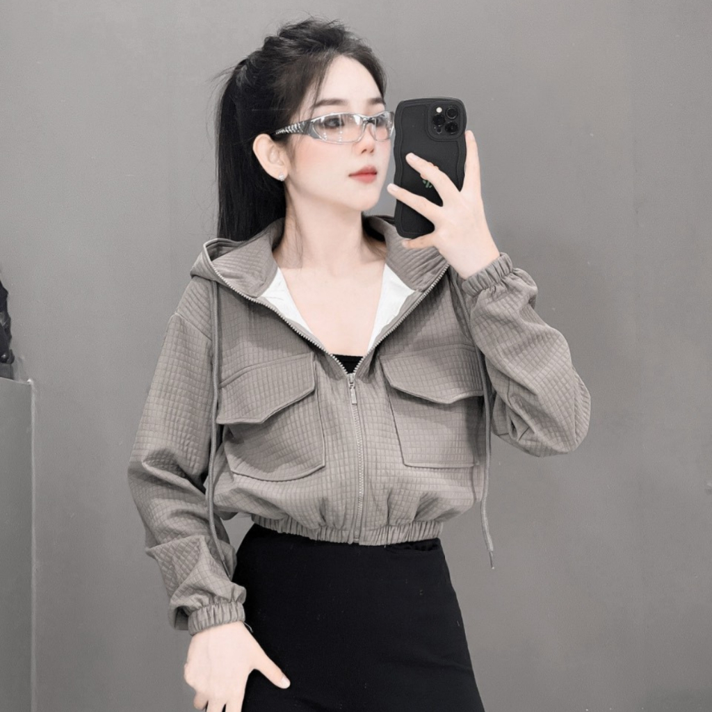 Áo khoác thun 2 da  xốp ô form croptop trẻ trung, có nón, tay eo bo chun , 4 túi tiện lợi , mặc mát, nón rộng |RTee Shop | BigBuy360 - bigbuy360.vn