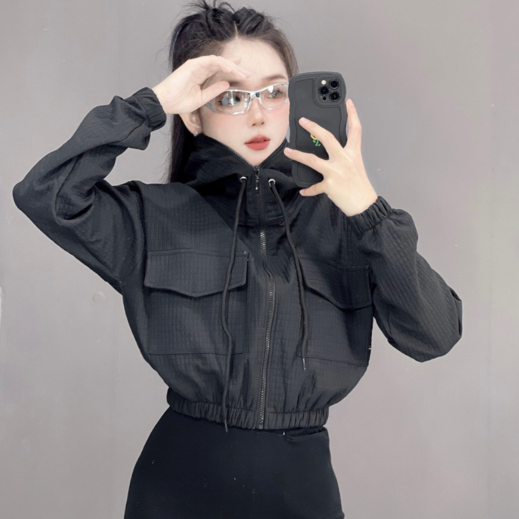 Áo khoác thun 2 da  xốp ô form croptop trẻ trung, có nón, tay eo bo chun , 4 túi tiện lợi , mặc mát, nón rộng |RTee Shop | BigBuy360 - bigbuy360.vn