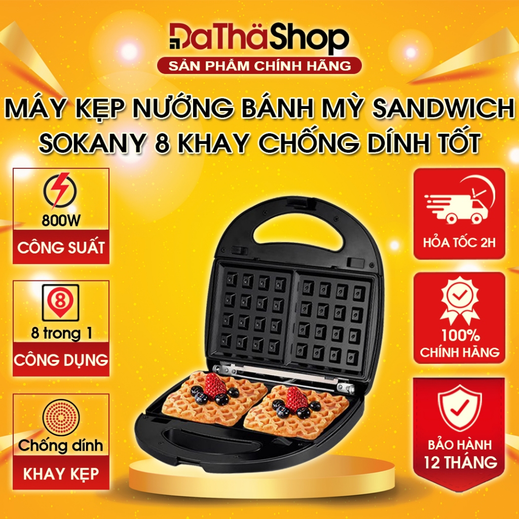 Máy Kẹp Bánh Mì SOKANY 8 Khay Chống Dính Tốt, Công Suất Lớn Tới 800W Giúp Máy Nướng Bánh Nhanh Chóng