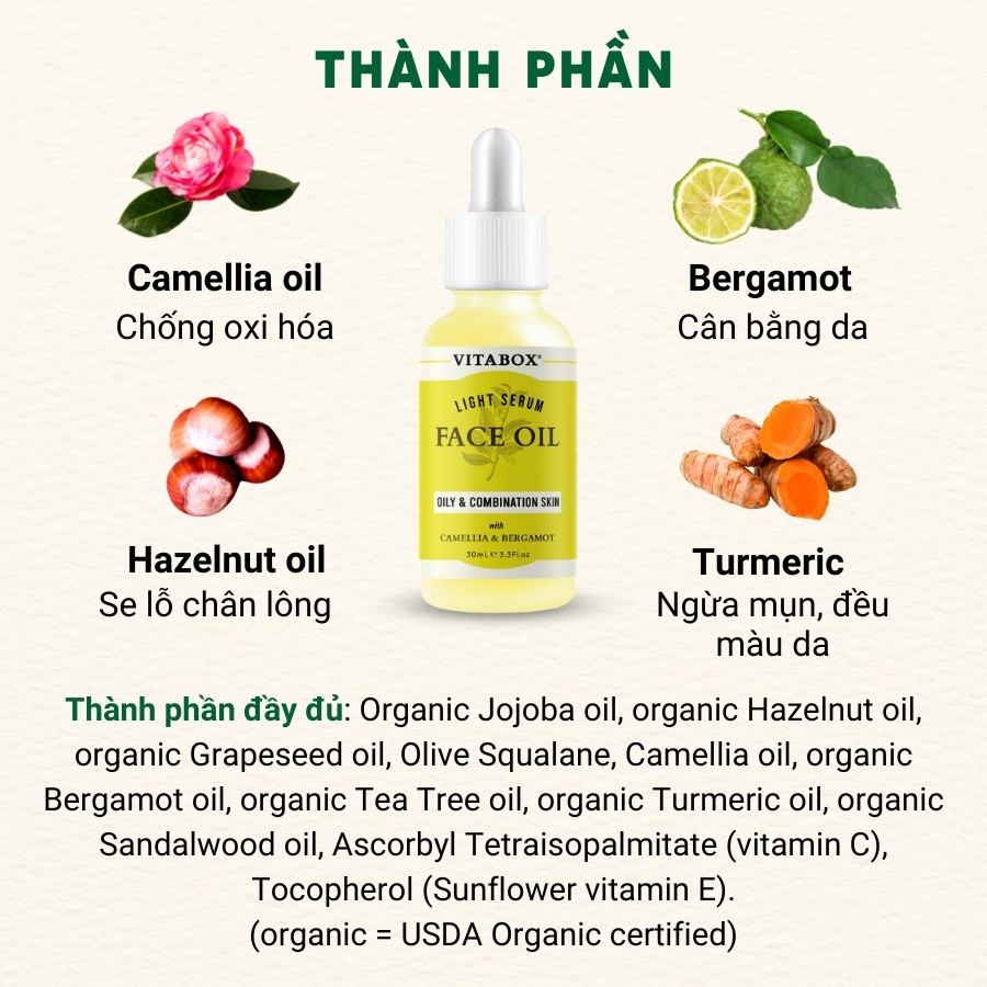 Dầu Dưỡng Da Mặt Cấp Ẩm Ngừa Mụn Sáng Da Cho Da Nhờn Và Hỗn Hợp VITABOX Light Serum Face Oil - 30mL