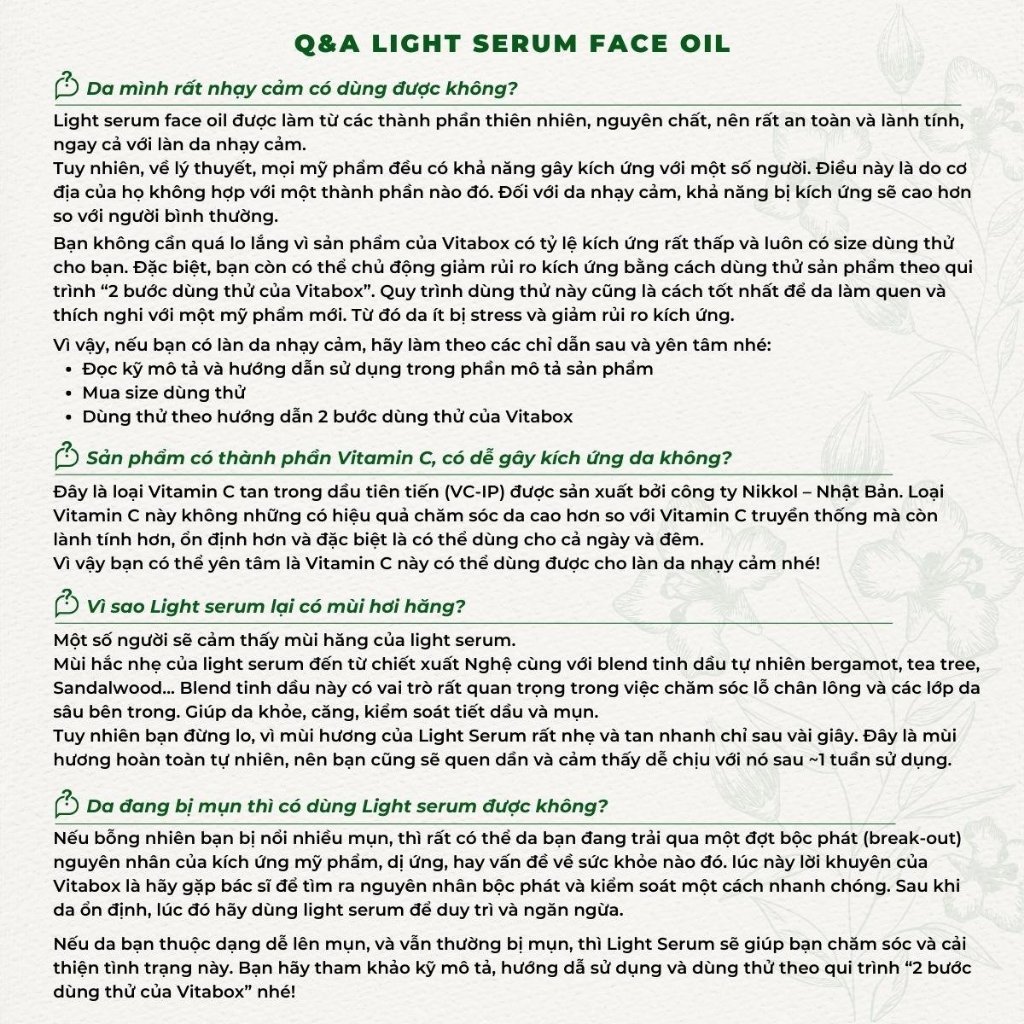 Dầu Dưỡng Da Mặt Cấp Ẩm Ngừa Mụn Sáng Da Cho Da Nhờn Và Hỗn Hợp VITABOX Light Serum Face Oil - 30mL