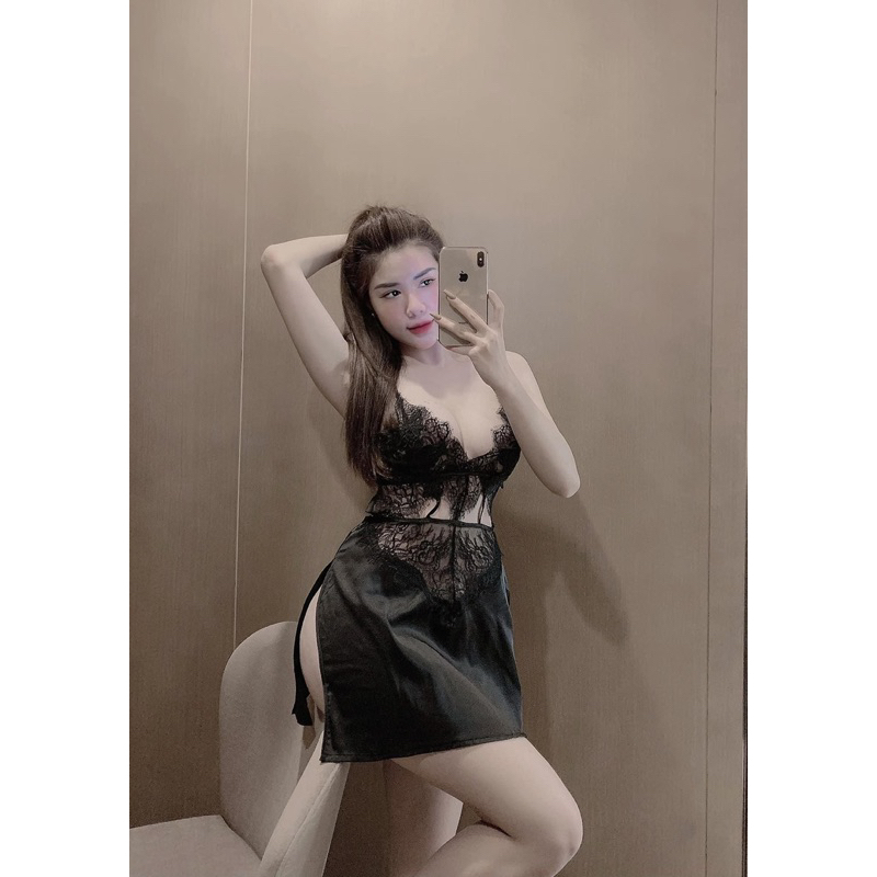 VÁY NGỦ LỤA PHỐI REN HOA/ XẺ TÀ (HÀNG QC CAO CẤP) BIG SIZE