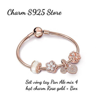 combo vòng tay mix + 4 hạt charm pan vàng hồng đính đá cao cấp bạc s925