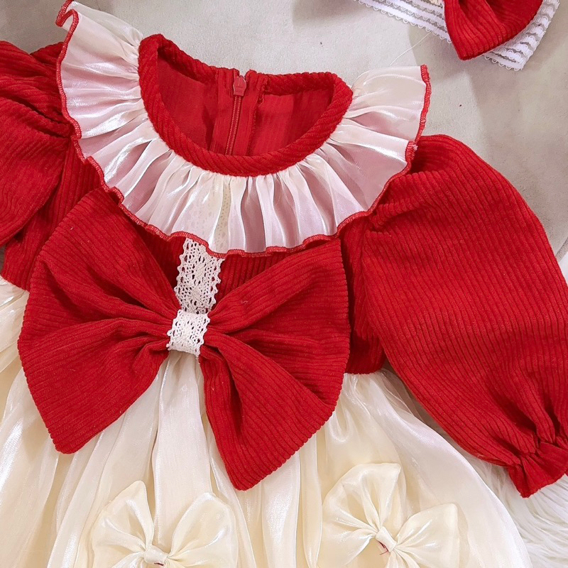 Set váy thu đông - Váy dạ đỏ đính nơ lụa cao cấp cho bé gái Đậu Baby Kids