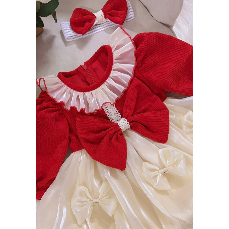 Set váy thu đông - Váy dạ đỏ đính nơ lụa cao cấp cho bé gái Đậu Baby Kids