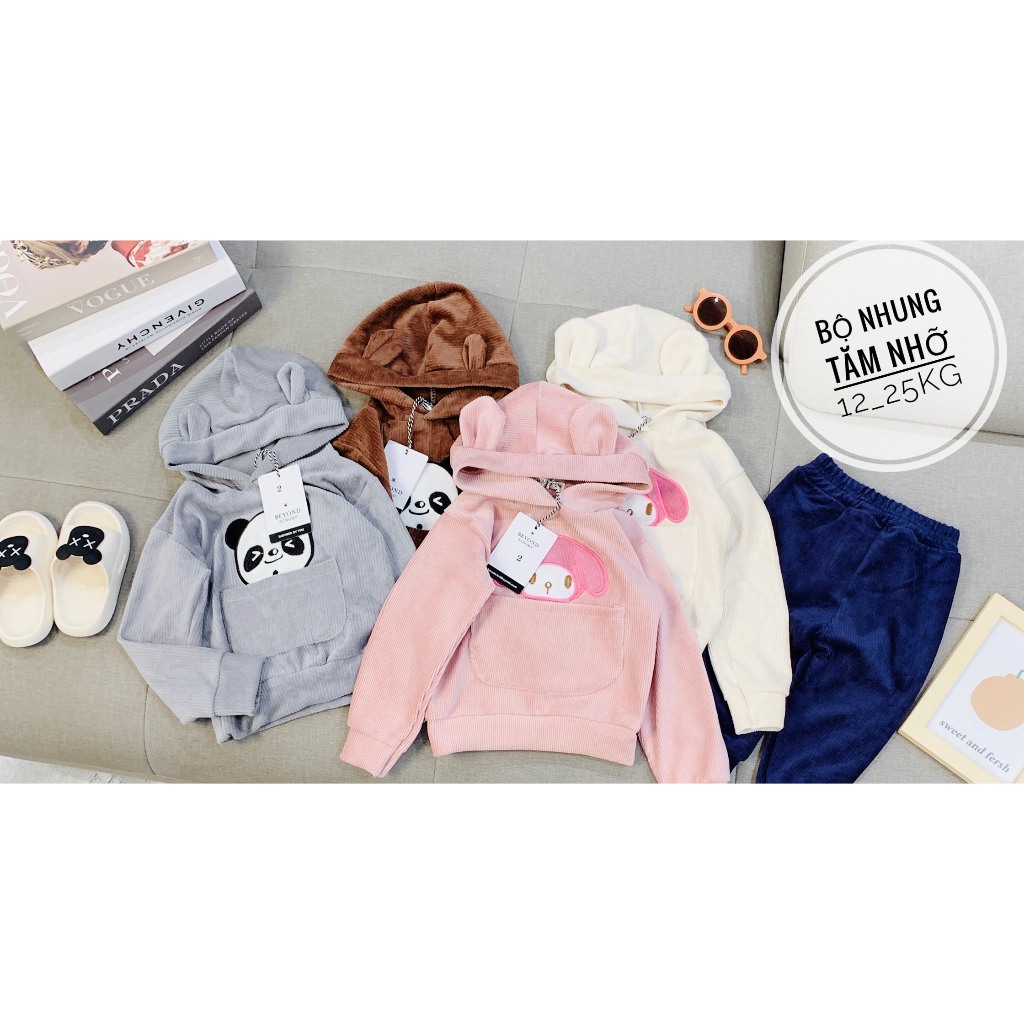 Bộ quần áo thu đông nhung tăm, có mũ cho bé trai, bé gái, mềm mịn, co giãn 4 chiều, giữ nhiệt tốt BD14.1