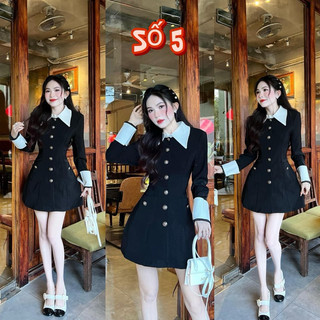 đầm nữ Tết chất NHUNG cứng sơ mi phối cổ nhọn kết nút tay dài váy xoè chữ A một màu đen