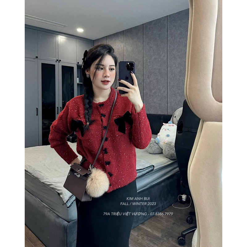 Áo Len Nơ Đỏ Đính Cúc Hai Màu Chuẩn QCL1 Kèm Ảnh Thật Ở Cuối