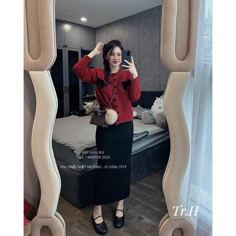 Áo Len Nơ Đỏ Đính Cúc Hai Màu Chuẩn QCL1 Kèm Ảnh Thật Ở Cuối