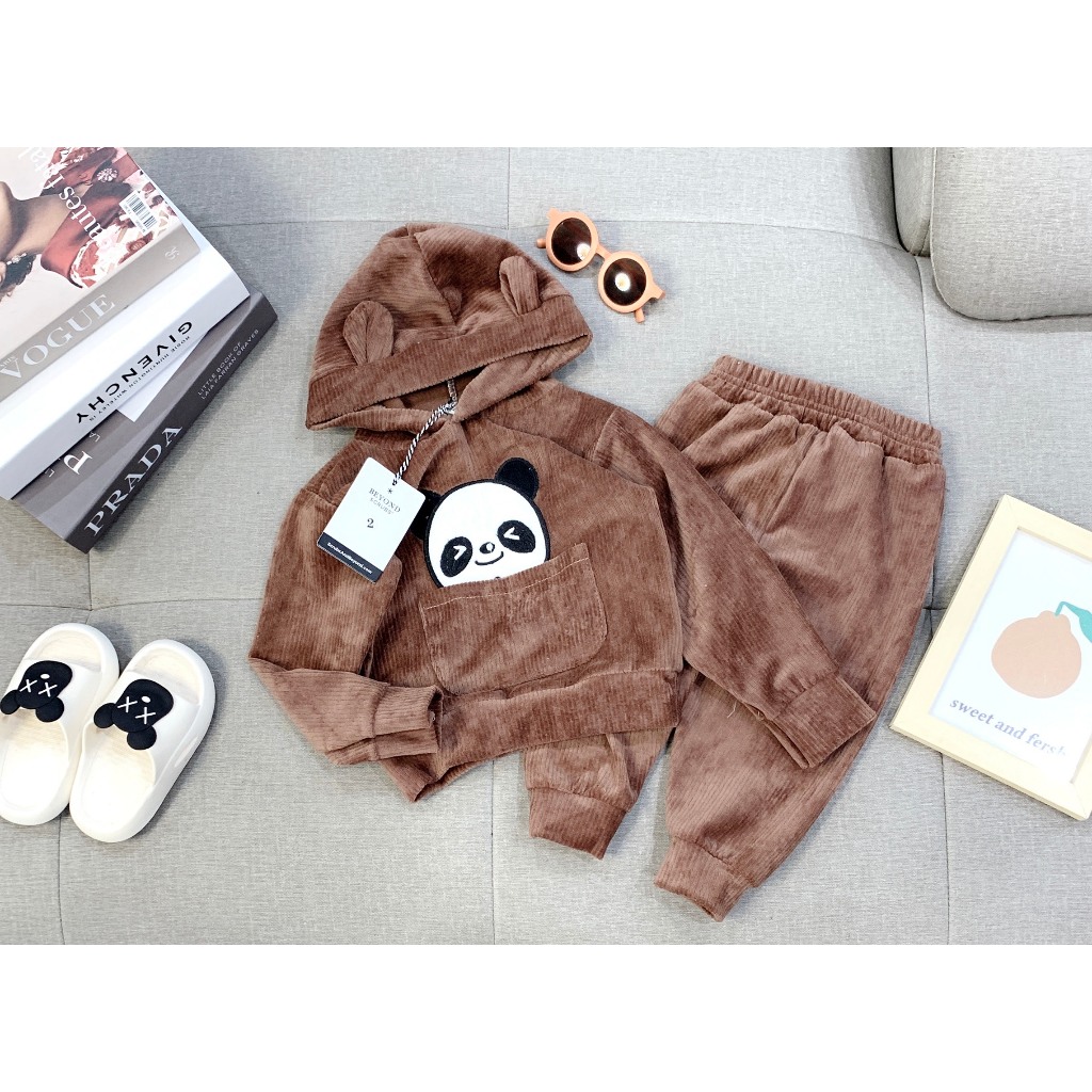 Bộ quần áo thu đông nhung tăm, có mũ cho bé trai, bé gái, mềm mịn, co giãn 4 chiều, giữ nhiệt tốt BD14.1