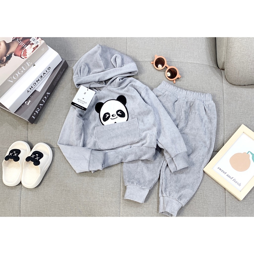 Bộ quần áo thu đông nhung tăm, có mũ cho bé trai, bé gái, mềm mịn, co giãn 4 chiều, giữ nhiệt tốt BD14.1