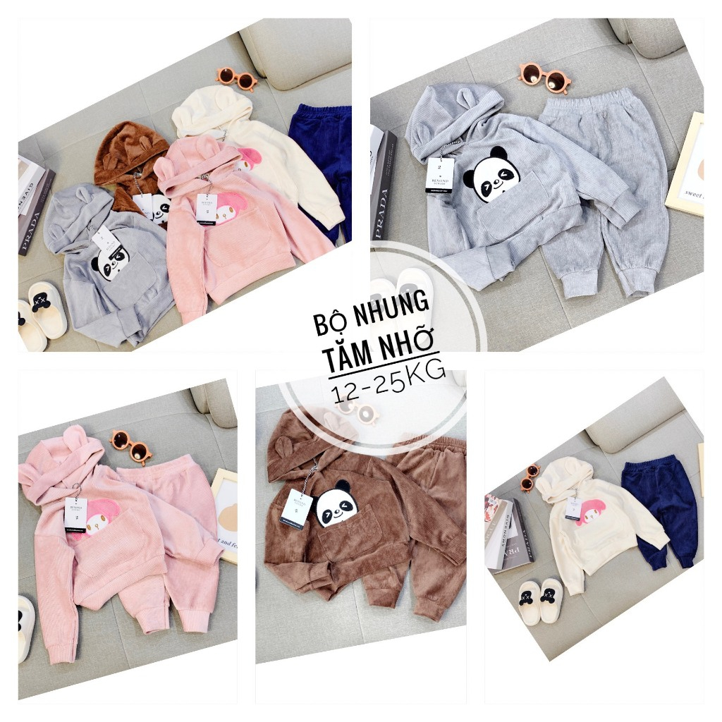 Bộ quần áo thu đông nhung tăm, có mũ cho bé trai, bé gái, mềm mịn, co giãn 4 chiều, giữ nhiệt tốt BD14.1