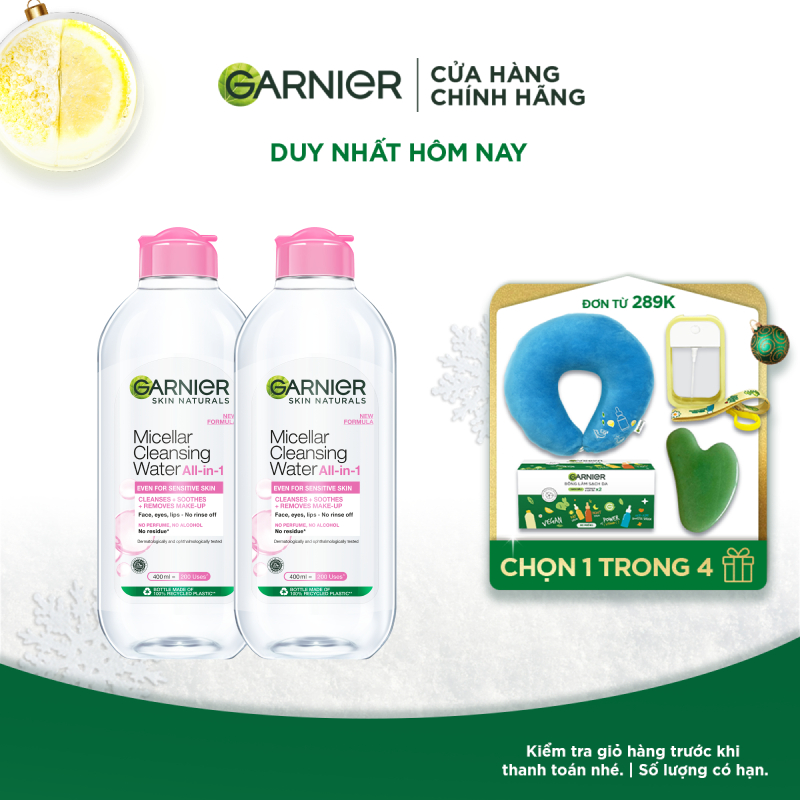 Bộ 2 nước làm sạch và tẩy trang cho da nhạy cảm (nắp hồng) Garnier 400ml x 2