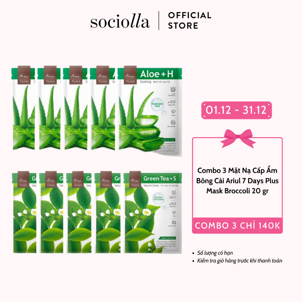 [HSD T4/2024] Combo 5 Mặt Nạ Ariul  7Days Mask Aloe  + 5 Mặt Nạ Ariul 7Days Mask Green Tea