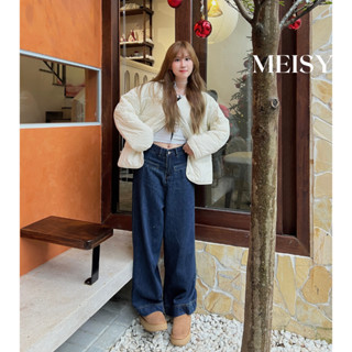 Quần jeans bò ống rộng Meisy túi cơi trước vải denim màu xanh đậm màu be chất không co giãn phòng cách Hàn Quốc