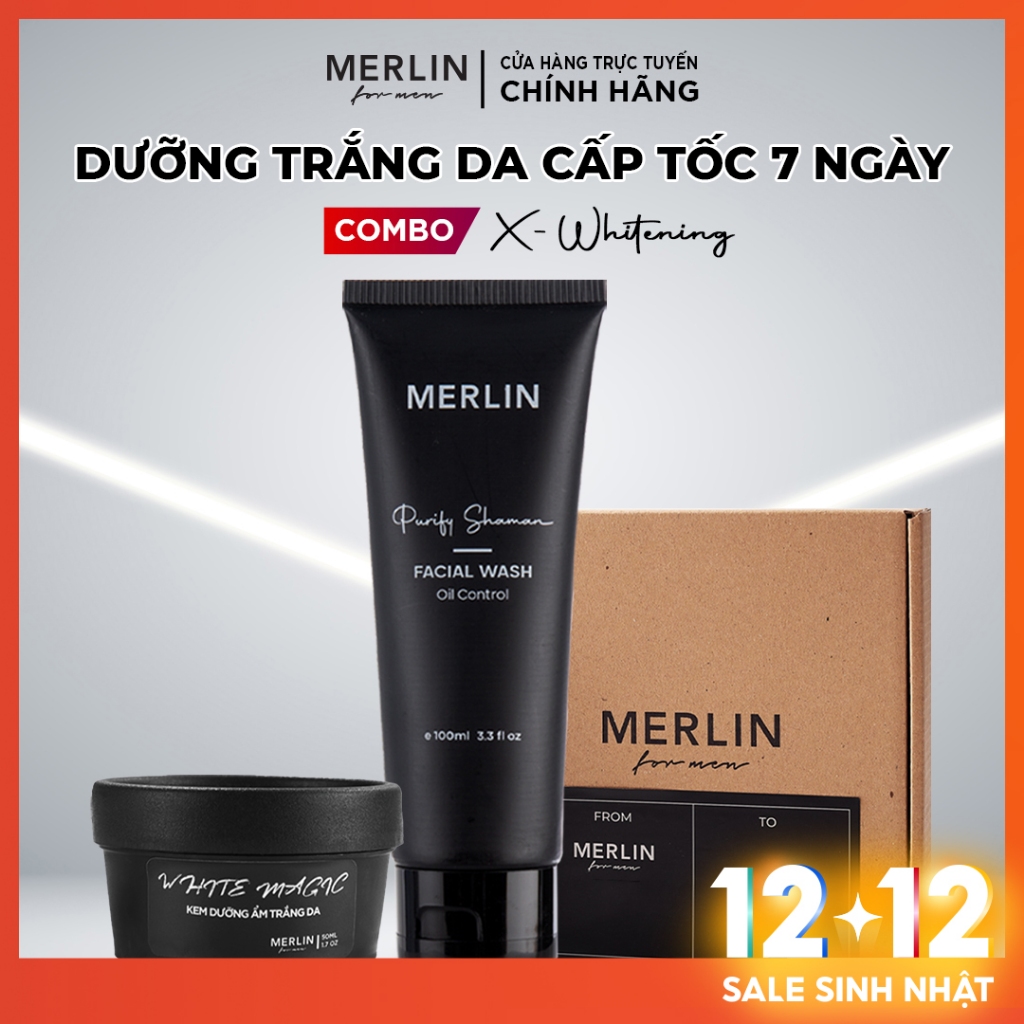 Combo dưỡng trắng da cho nam Merlin For Men - Sữa rửa mặt kiểm soát dầu và Kem dưỡng trắng da cấp ẩm