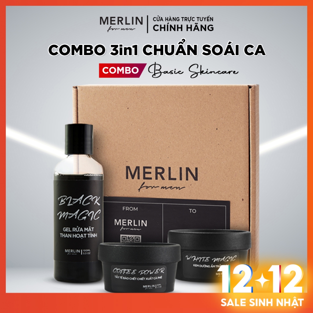 Combo dưỡng da sáng mịn Merlin For Men - Gel rửa mặt than hoạt tính, Tẩy tế bào chết chiết xuất cà phê và Kem dưỡng ẩm t