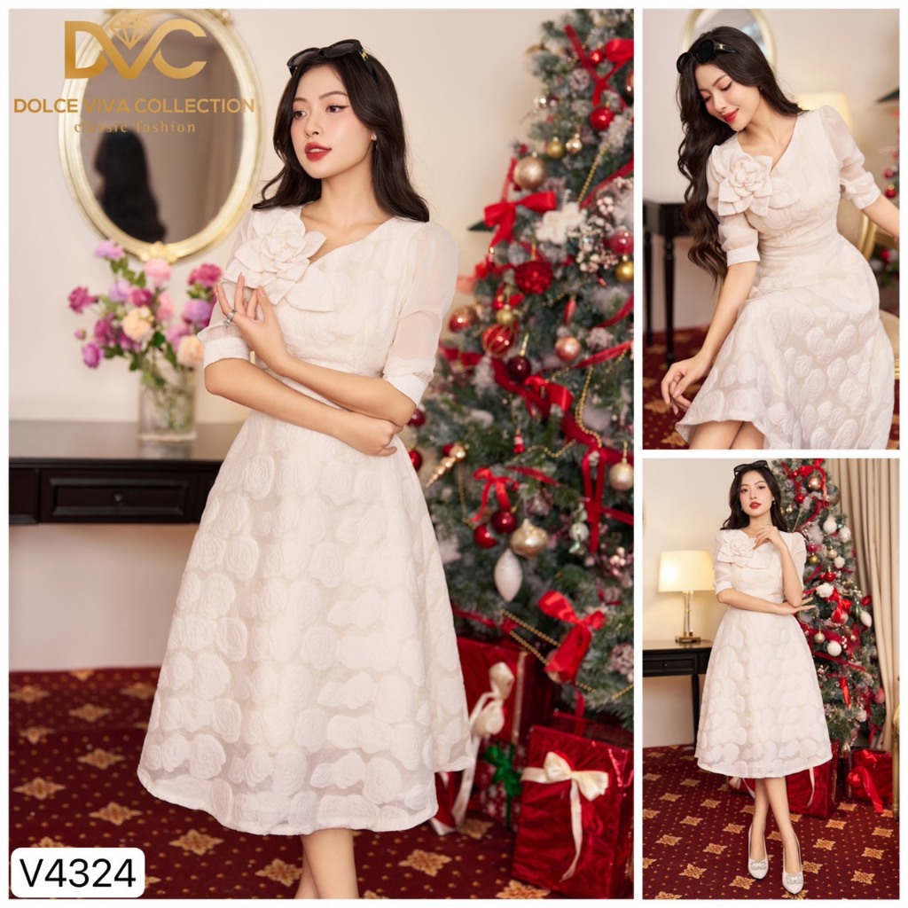 Váy, Đầm Thiết Kế DVC Nữ Váy Trắng Xòe Họa Tiết Hoa, Đính Hoa Vai, Cổ V Lệch, Tay Lỡ 4324 - DVC DOLCE VIVA COLLECTION