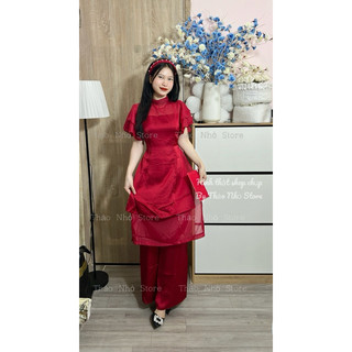 (HOẢ TỐC - HÌNH THẬT )set áo dài đỏ cách tân ngày tết( hình thật shop Thảo Nhỏ Store chụp )