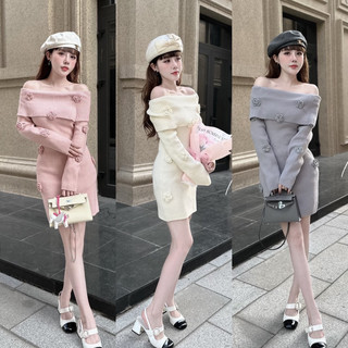 Váy len tăm trễ vai hoa nổi siêu xinh hàng QC freesize