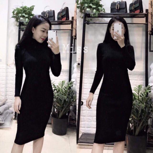 Váy len body cổ lọ dáng dài qua gối sang chảnh co giãn 4 chiều