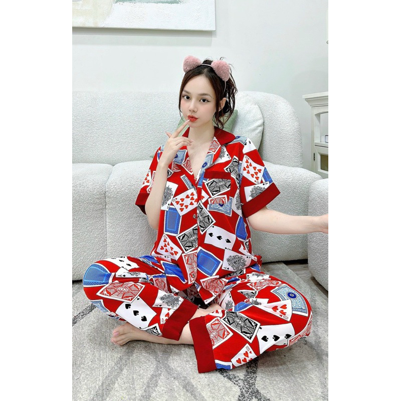 pijjama cao cấp Bộ mặc nhà lá bài lụa mango loại 1 bộ mặc tết