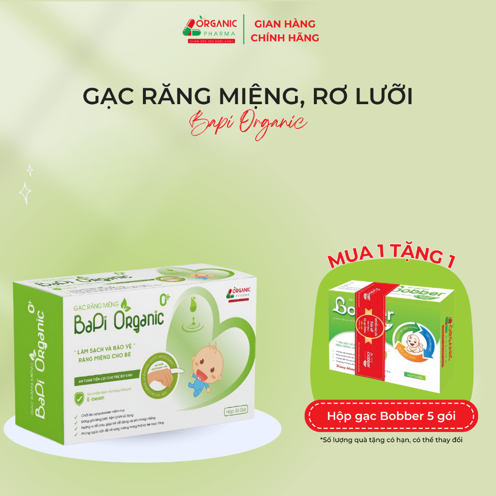 Gạc rơ lưỡi BaPi Organic 30 gói 1 hộp, Gạc vệ sinh răng miệng