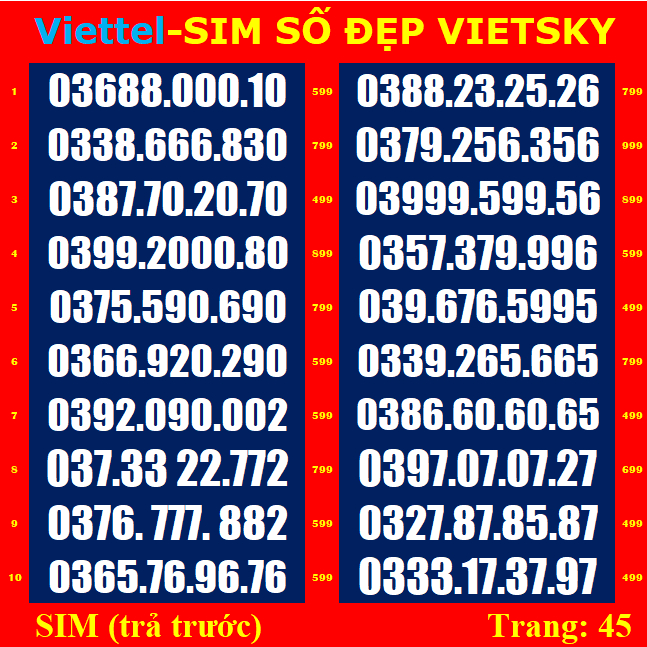 Sim Viettel List 41,42,43,44,45 Sim mới 100%, chưa đăng kí, Sim viettel phủ sóng toàn quốc | vietsky