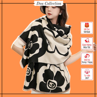 Khăn len choàng cổ unisex, Khăn quàng cổ giả cashmere sang trọng họa tiết hoa trắng đen mềm mịn - 60x180cm - Mã LN068